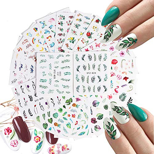 29 Sheets Nail Art Stickers Nail Art Supplies Butterfly Flowers Flamingo Leaf Water Transfer Nail Decals Fashion Leaf Nail Designs for Women Manicure Tips Acrylic Nails Charms Decorations