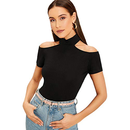 MakeMeChic Womens Solid Cold Shoulder Short Sleeve Fitted Ribbed Tee Top Black XL