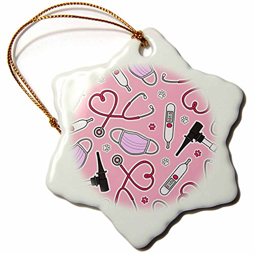 3dRose orn_172117_1 Cute Veterinarian or Veterinary Technician Love Pattern Pink-Snowflake Ornament, Porcelain, 3-Inch