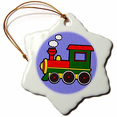 3dRose orn_25420_1 Cute Train Red Green Yellow Blue Stripe Background Porcelain Snowflake Ornament, 3-Inch