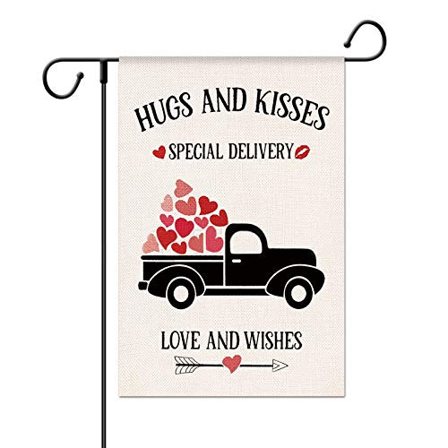 MIZOMOR Valentines Day Garden Flag 13 x 18Inch Kisses Love Heart Truck Yard Valentines Decorations Double Sided Garden Flag Double Sided Burlap Valentine Flags for Valentines Day Decoration Outdoor Decor
