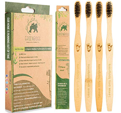 GreenBoss Adult Bamboo Toothbrush with Charcoal Infused Bristles  Medium-Soft    Pack of 4 Eco-Friendly 100 percent Organic and Biodegradable Toothbrushes for Adults  Adult 4 Pack