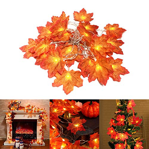Yiliaw Maple Leaf Light String 20LED 10FT Maple Leaves Light String Thanksgiving Christmas Decorations Lighted Fall Garland Halloween Indoor Outdoor Bedroom Wall Garden Wedding Party Decoration