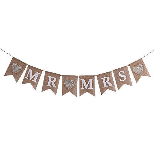 Sunny ZX MR and MRS Burlap Bunting Banners Garland - Vintage Rustic Wedding Table Hanging Signs for Bridal Shower, Wedding Photo Booth Props Backdrop Decoration, 8pcs Flags