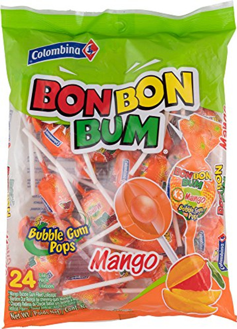 Colombina Bon Bon Bum Bubble Gum Lollipops Mango yellow 24 count  pack of 1