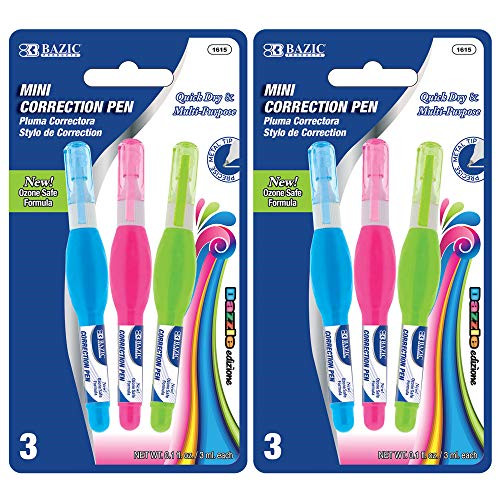 BAZIC 3 mL Metal Tip Mini Correction Pen Precise Metal Tip Applicator Squeeze White Out Pens Wipe Out Fluid Corrections for Office School  and  Home  3 Pack  2-Pack