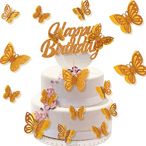 13 Pieces Butterfly Happy Birthday Cake Topper Glitter Butterfly Cake Toppers Butterfly Cupcake Picks for Birthday Party Supplies Baby Shower Anniversary Wedding  Dark Gold