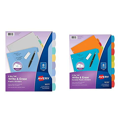 Avery 8-Tab Plastic Binder Dividers Write  and  Erase Multicolor Big Tabs 1 Set  16171 Translucent Multicolor  and  16130 Big Tab Write  and  Erase Durable Plastic Dividers 8 Multicolor Tabs 1 Set