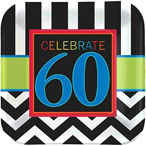 Must-Have Chevron and Stripes 60th Birthday Party Square Dessert Plates Tableware Pack of 8 Multi  7 inch Paper