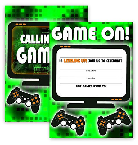 POP parties Gaming Green Party Large Invitations - 10 Invitations plus  10 Envelopes - Double Sided - Video Game Invitations - Game Truck Party Supplies - Green