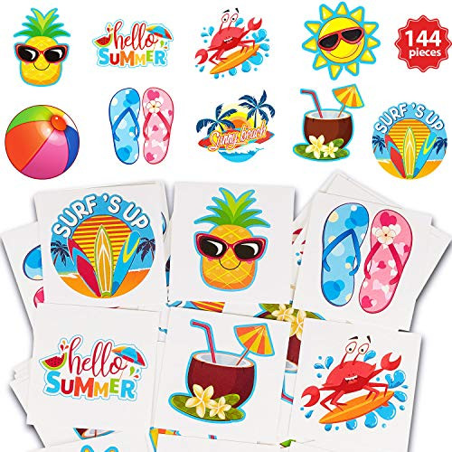 144 Pieces Kids Tattoo Summer Party Tattoo Hawaiian Luau Themed Tattoos Tropical Beach Tattoos Waterproof Temporary Tattoos Stickers Party Decoration Supplies for Adults 9 Styles