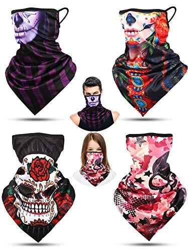 4 Pieces Ear Loop Headwear Bandana Skeleton Face Covering Earloops Balaclava Scarf Neck Gaiters  for Adults