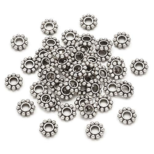 Beadthoven 50pcs Tibetan Style Antique Silver Alloy Daisy Spacer Beads for DIY Bracelet Necklace Earring Jewelry Making Supplies 6.5x1.5mm Hole 2mm