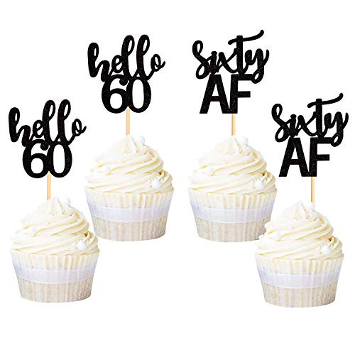 Ercadio Black Glitter Hello 60 Cupcake Toppers Sixty AF Cupcake Picks 60th Birthday Anniversary Retirement Party Cake Decoration Supplies