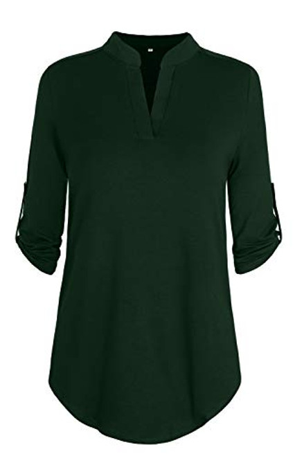 ONLYSHE Womens 3 4 Roll Sleeve T-Shirts Notch V Neck Flowy Loose Tunics Tops Blouses Green ONLYSHE Womens 3 4 Roll Sleeve T-Shirts Notch V Neck Flowy Loose Tunics Tops Blouses Green