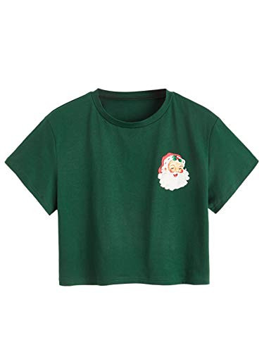 Romwe Womens Casual Skull Graphic Print Short Sleeve Crop Tops Tee T-Shirt Dark Green L