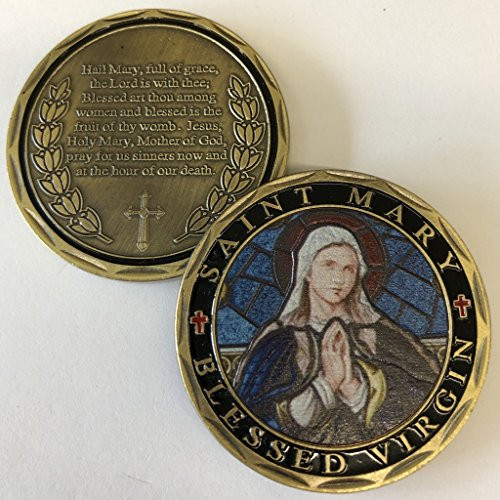 Aizics Mint ST. MARY BLESSED VIRGIN Hail Mary full of grace prayer commemorative Coin. Cast with colorized saint and beautiful Iron Plating & Ancient Bronze original one-of-a-kind design.