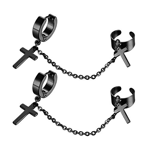 Flongo Mens Punk Rock Huggie Clip On Cartilage Cross Drop Dangle Stainless Steel Non-Piercing Hoop Earrings