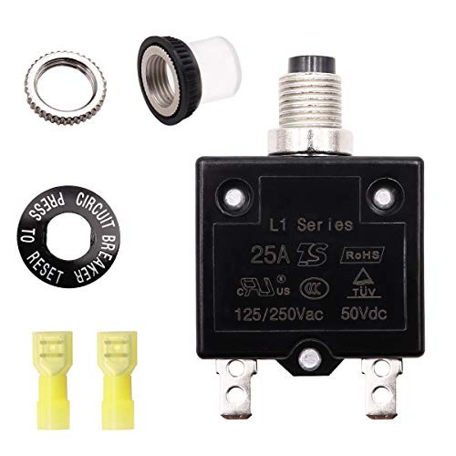 Tnisesm 25A Push Button Circuit Breaker 125 250V AC 50V DC L1 Series Manual Reset Thermal Circuit Breaker with 2 Pcs Female Spade Connectors  Yellow 12-10AWG