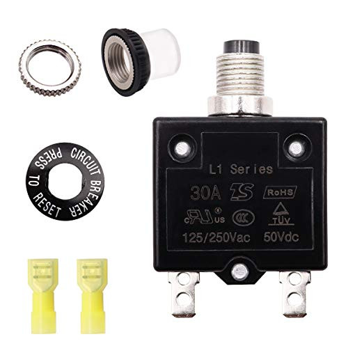 Tnisesm 30A Push Button Circuit Breaker 125 250V AC 50V DC L1 Series Manual Reset Thermal Circuit Breaker with 2 Pcs Female Spade Connectors  Yellow 12-10AWG