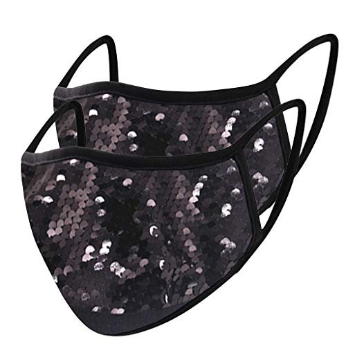 KASSD Reusable Sequins Face Covering for AdultsWashable Anti-Dust Face Màsc Safety Face Bandana Comfortable Protective Cotton Windproof BreathableBlack 2PC