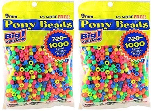 Darice Value Pack Pony Bead, 9mm, Neon Multicolor, 1000-Pack (2 packs)