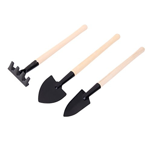 MagiDeal Set of 3Pcs Shovel Rake Spade Wooden Handle Metal Head Mini Garden Plant Tool Gardening Tool