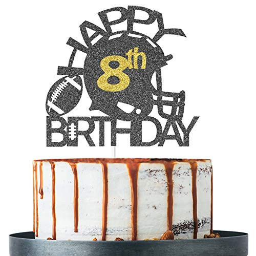 Aonbon Black  and  Gold Glitter Football Happy 8th Birthday Cake Topper Football 8th Birthday Party Decoration Football Theme Happy 8th Birthday Party Supplies  8th