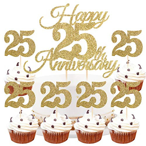 Eiveny Happy 25th Anniversary Cake Topper - 7Pcs Golden Glittery 25th Anniversary Party Wedding Anniversary Birthday Party Decorations  25th Eiveny Happy 25th Anniversary Cake Topper - 7Pcs Golden Glittery 25th Anniversary Party Wedding Anniversary Birthday Party Decorations  25th