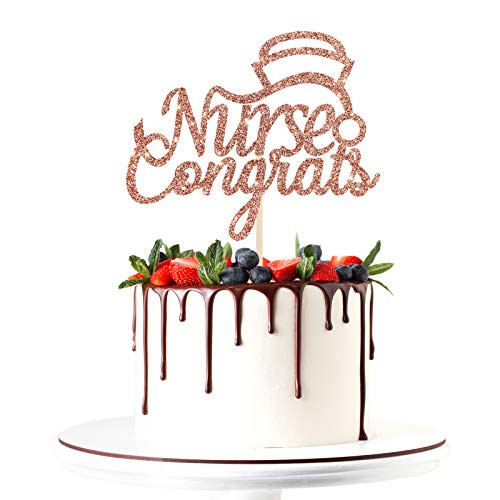 Halodete Glitter Congrats Nurse Cake Topper - Congrats Grad 2021 - Nurse Graduation Decoration Party Supplies Rose Gold