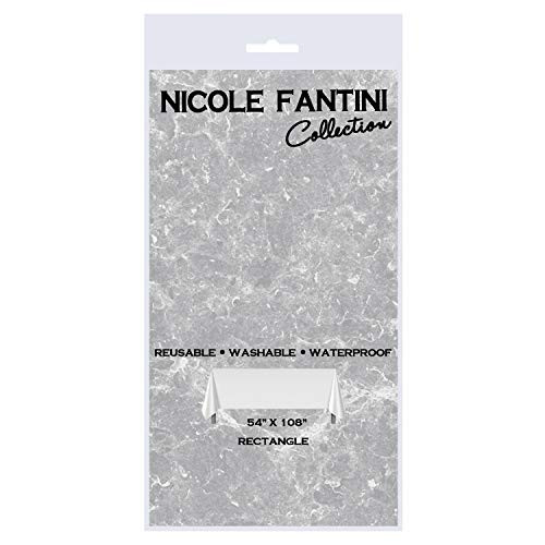 Nicole Fantini Collection Disposable Premium Tablecloth Plastic Heavyweight Hanna K. Rectangle Reusable Tablecover for Weddings Banquets Parties 54 inch x 108  Silver Lace