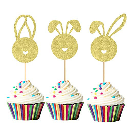 Unimall Pack of 24 Happy Easter Cupcake Topper Bunny Rabbit Head with Cute Ears Cupcake Picks Gold Glitter Cake Decoration for Easter Rabbit Theme Happy Birthday Spring Easter Party Supplies