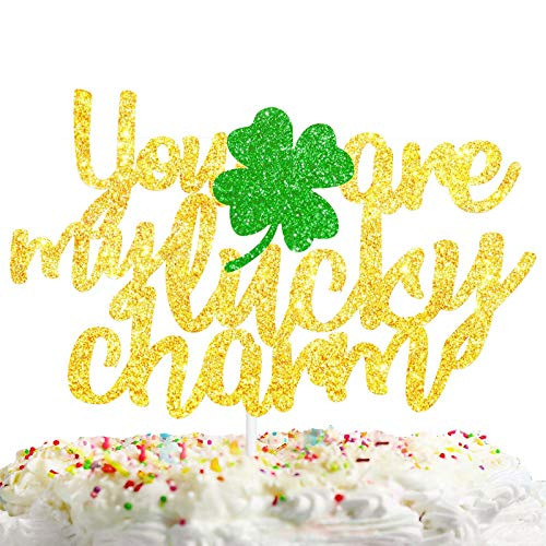 You Are My Lucky Charm Cake Topper Glitter Gold St. Patricks Day Theme Decorations Picks for Shamrock Four leaf clover Decor Party Supplies