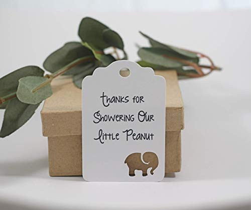 White Thank You Tags - Baby Shower Elephant Tags - Thanks for Showering Our Little Peanut  Set of 20