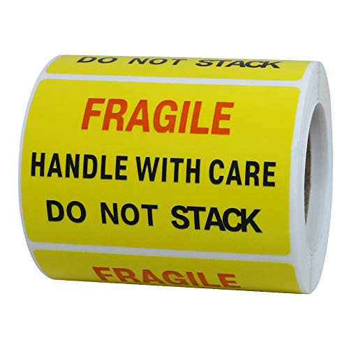 Hybsk Fragile Handle with Care Do Not Stack Pallet Labels 2x3 inch Yellow 300 Labels Per Roll