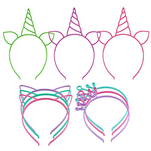 Lurrose 9Pcs Plastic Unicorn Horn Headband Cat Ears Hairband Christmas Cosplay Headdress Birthday Party Favors Supplies for Girls Teens Children