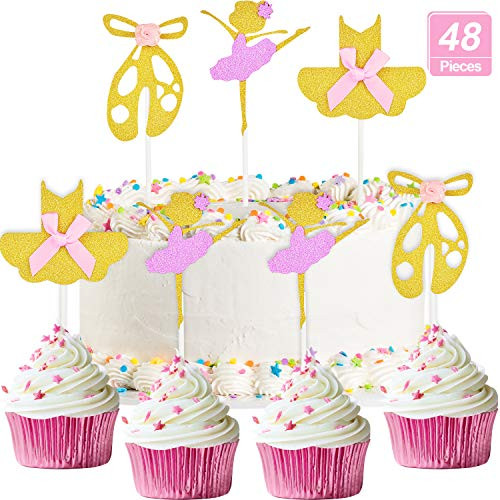 48 Pieces Ballerina Cupcake Toppers Ballet Cake Toppers Tutu Dress Girls Skirt Toppers Gold Glitter Ballet Dance Shoes Cake Toppers with Pink Bow for Ballet Girl Baby Shower Birthday Party Decoration