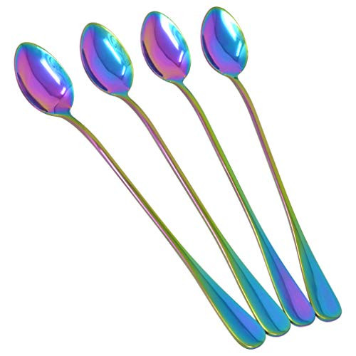 4 pcs Long Handle Iced Tea Spoon Coffee Spoon Ice Cream Spoon Stainless Steel Cocktail Stirring Spoons for Mixing Cocktail Stirring Tea Coffee Milkshake Cold Drink  Rainbow color 7.6in
