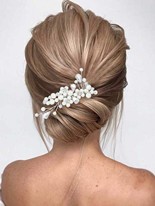Unsutuo Bridal Hair Comb Pearl Flower Silver Bride Wedding Hair Accessories Crystal Hair Pieces for Women and Girls