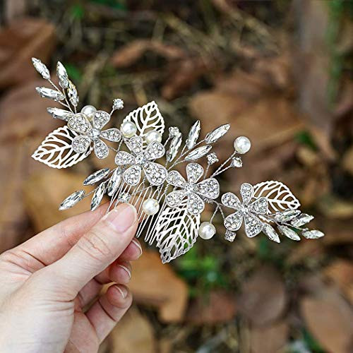 Yean Bride Leaf Bridal Hair Comb Flower Wedding Hair Piece Rhinestone Pearl Hair Accessories for Women and Girls Silver Yean Bride Leaf Bridal Hair Comb Flower Wedding Hair Piece Rhinestone Pearl Hair Accessories for Women and Girls Silver
