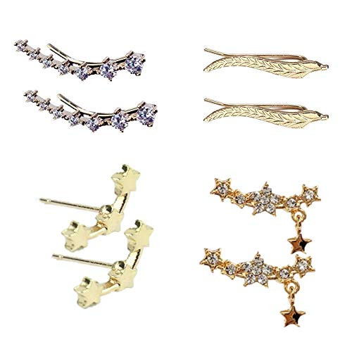 4 Pairs Leaf Ear Climber Cuff Earring for Women Star Stud earrings 7 Crystals Ear Cuffs Hoop Climber Earrings
