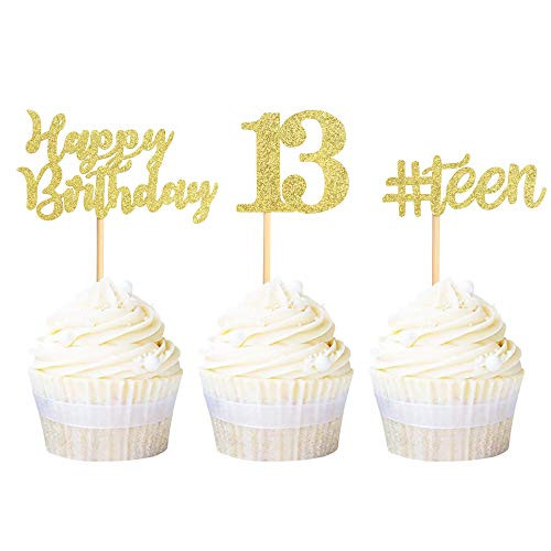 Ercadio 36 Pack Gold Glitter Happy Birthday Teen 13 Cupcake Toppers 13th Birthday Cake Picks Decorations for Kids 13th Birthday Anniversary Party Supplies