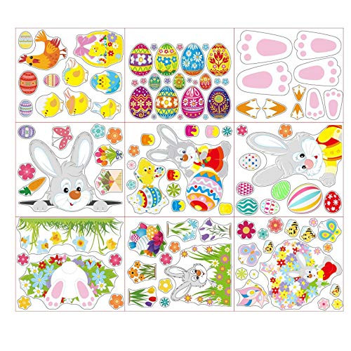 Doublelift 9 Sheets Double-Side Easter Window Clings Decals Easter Stickers - Bunny Eggs Chick Removable PVC Window Sticker for Wall Door Floor Decor Easter Home Party Decorations  Pattern B