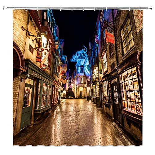 Harry Potter Diagon Alley Scenery Shower Curtains Hogwarts Magic School Bustling Street Night View Leaky Cauldron Decor Waterproof Polyester Bathroom Decor Curtain Set 69 x 70 Inch Includes Hooks