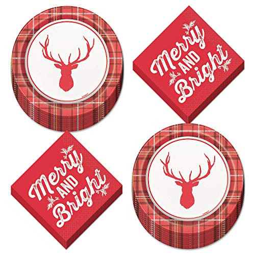 Red Plaid Christmas Party Supplies - Merry and Bright Woodland Deer Dessert Plates and Napkins Serves 16 Red Plaid Christmas Party Supplies - Merry and Bright Woodland Deer Dessert Plates and Napkins Serves 16