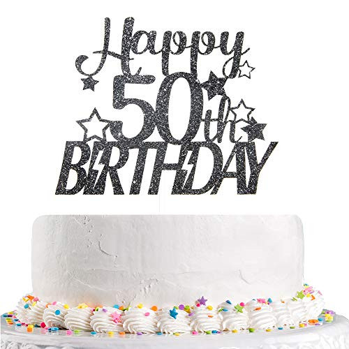 Glitter Happy 50th Birthday Cake Topper for Fifty Fabulous Anniversary Hello 50 Party Decoration Supplies  Black