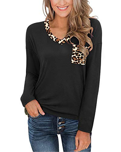 II ININ Womens V Neck Long Sleeve Basic Tees T Shirts Casual Loose Tunic Tops with Leopard Pocket  BlackM