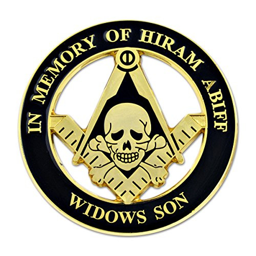 Masonic Widows Son Skull Square & Compass Round Black & Gold Car Auto Emblem - 3" Diameter
