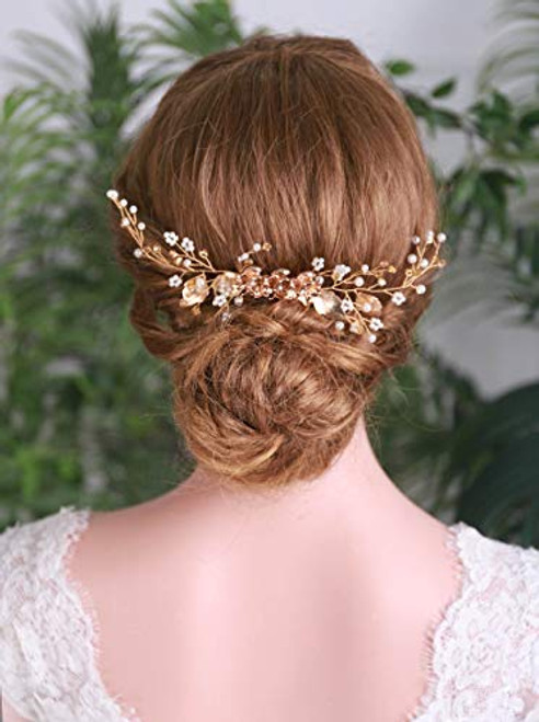YERTTER Gold Leaf Flower Hair Comb Bridal Vintage Pearl Beads Headpiece Women Hair Comb Bridal Hair Comb Wedding Hair Piece Wedding Accessories