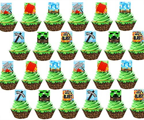 Pixel Cupcake Toppers and Wrappers - 24 Cupcake Toppers and 24 Cupcake Wrappers - Pixel Party Supplies - Pixel Party Decorations - Cupcake